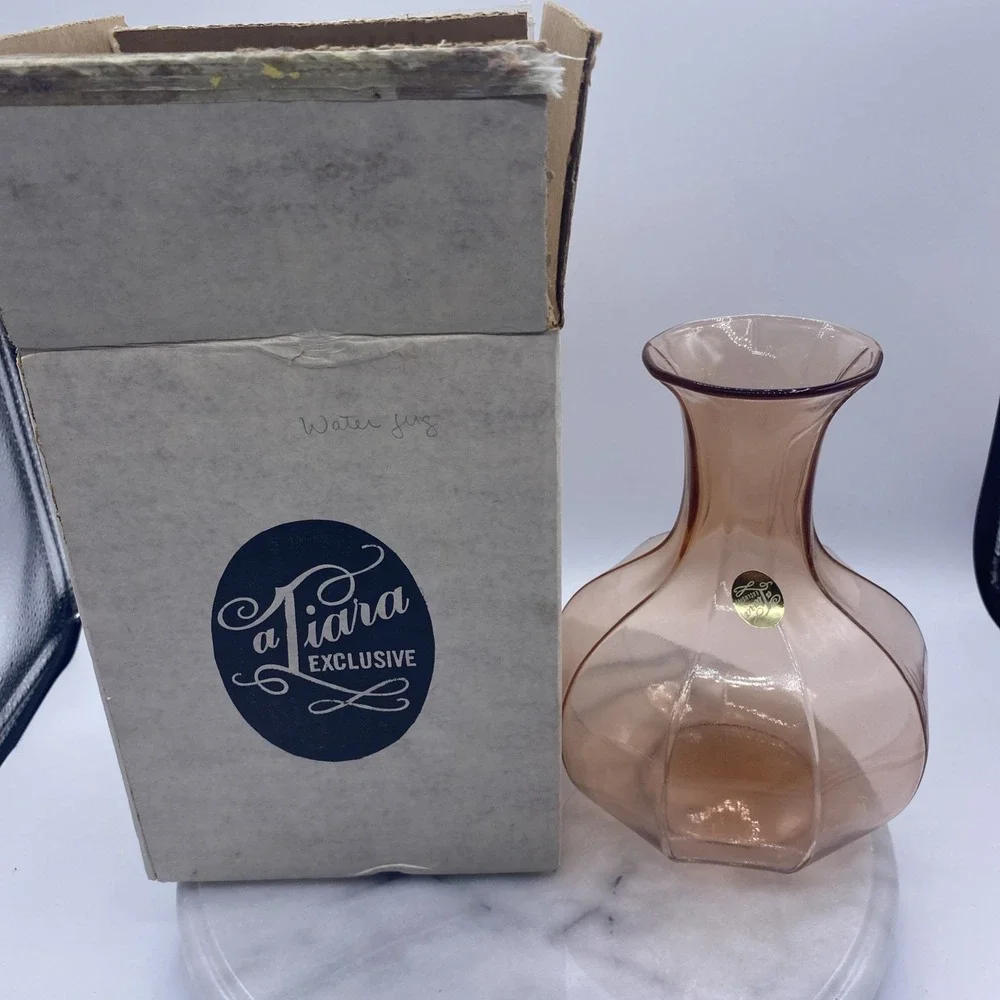Tiara Exclusive Peach Glass Hexagon Paneled Vase Vintage Flared Neck with Box